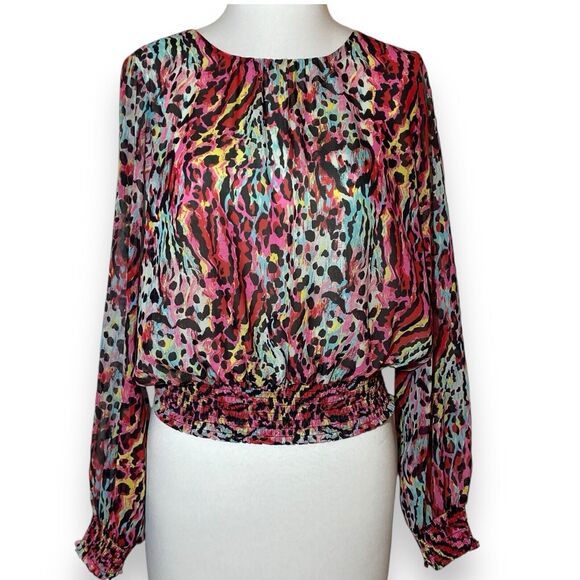 Mark New York Andrew Women's Cheetah Print Multicolor Blouse Size XS Long Sleeve - Picture 1 of 7